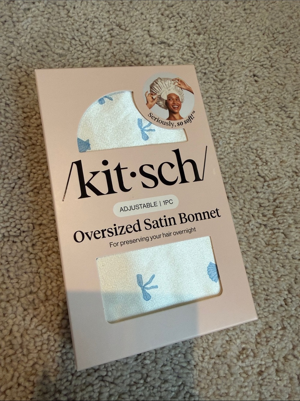 Kitsch Oversized Satin Bonnet in Cream with Blue Bow Print